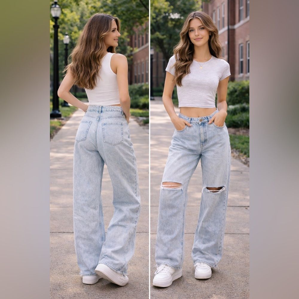 Garage Denim Wide Leg Jeans 7/28 Light Wash Distressed Street Style Y2K